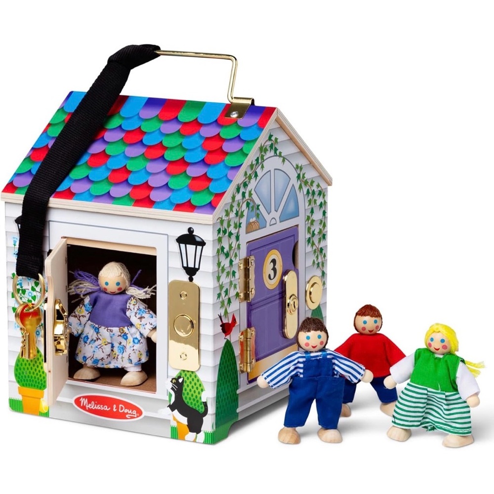 Melissa & Doug Take-Along Wooden Doorbell Dollhouse with Keys and Wooden Dolls